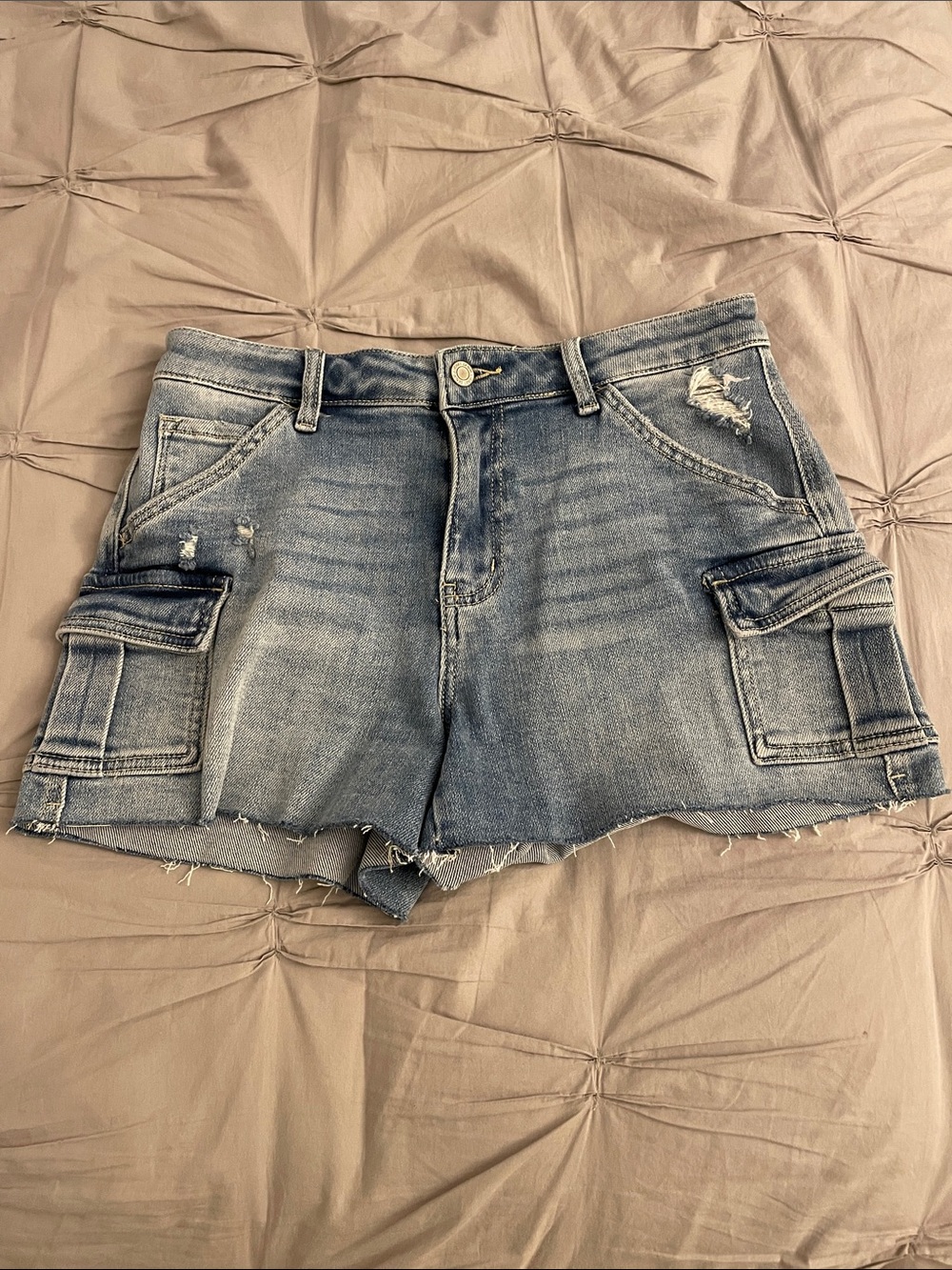 Vervet High-Rise Distressed Denim Cargo Shorts - Washed Blue